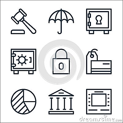 Banking and finance line icons. linear set. quality vector line set such as atm machine, bank, pie chart, price tag, lock, vault, Vector Illustration