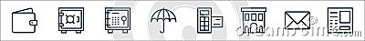 banking and finance line icons. linear set. quality vector line set such as atm machine, email, building, pos terminal, umbrella, Vector Illustration
