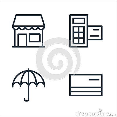 banking and finance line icons. linear set. quality vector line set such as cit card, umbrella, pos terminal Vector Illustration