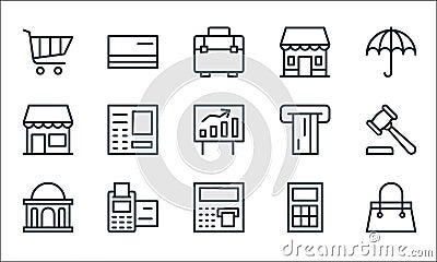 banking and finance line icons. linear set. quality vector line set such as handbag, atm machine, bank, calculator, pos terminal, Vector Illustration