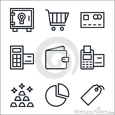 banking and finance line icons. linear set. quality vector line set such as price tag, pie graph, gold stack, pos terminal, wallet Vector Illustration