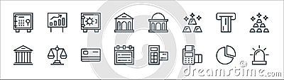 banking and finance line icons. linear set. quality vector line set such as siren, pos terminal, calendar, bank, atm machine, Vector Illustration