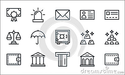 banking and finance line icons. linear set. quality vector line set such as wallet, atm machine, wallet, bank, bank, balance scale Vector Illustration