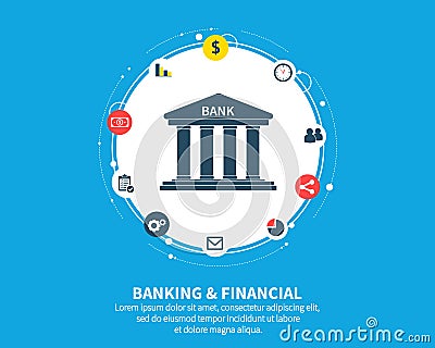 Banking and financial concept. Abstract background with connected gears and integrated flat icons. symbols for money Vector Illustration