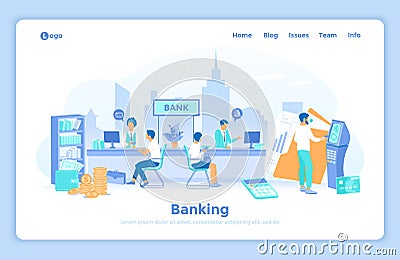 Banking Financial services. Money exchange, transfer, payment, accounts operation. Bank office interior, finance managers Vector Illustration