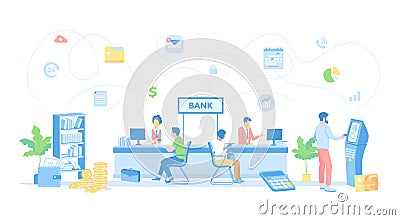 Banking Financial services. Money exchange, transfer, payment, accounts operation. Bank office interior, finance managers and clie Vector Illustration