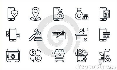 banking line icons. linear set. quality vector line set such as growing, chart, save, wallet, currency, mobile banking, service, Vector Illustration