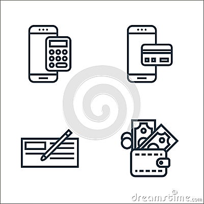 banking line icons. linear set. quality vector line set such as wallet, cheque, cit card Vector Illustration