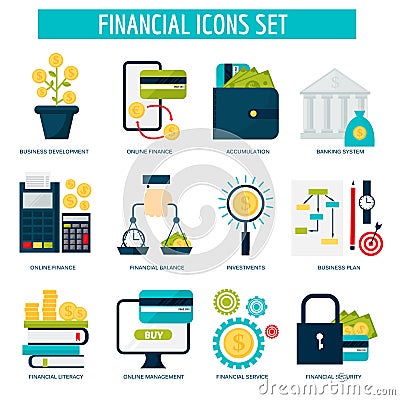 Banking money financial services set credit sign development online accumulation and bank investment management service Vector Illustration