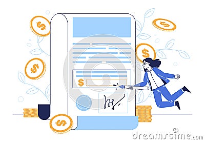 Banking paperwork, business financial contract signing. Check money transaction, people making online signature flat vector Vector Illustration