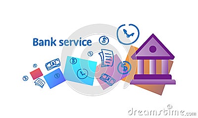 Banking service concept deposit credit money transfer bank building facade sketch doodle horizontal Vector Illustration