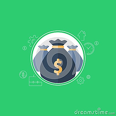 Pension fund, banking services, financial investment, budget plan, money bag, income growth, retirement savings Vector Illustration