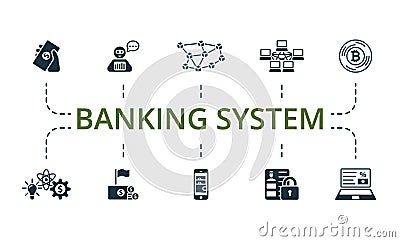 Banking system set. Creative icons: direct payment, robo advisor, blockchain technology, peer-to-peer, bitcoin Vector Illustration