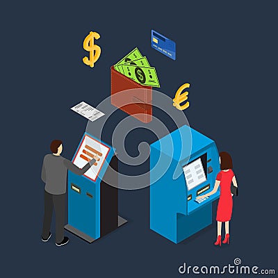 Banking Terminal Service Set Isometric View. Vector Vector Illustration