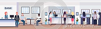 Banking visitors and workers financial consulting center with waiting room reception and atm modern bank office interior Vector Illustration