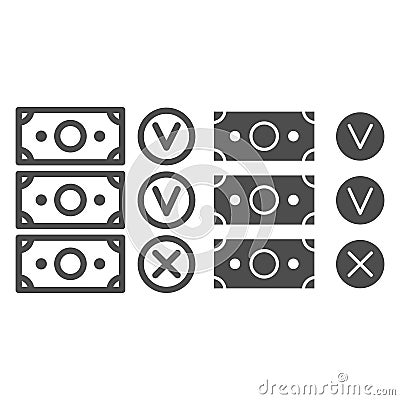 Banknote accepted and not accepted line and solid icon, Black bookkeeping concept, Unaccounted money from company sign Vector Illustration