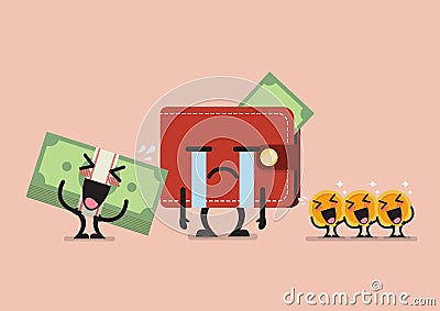 Banknote and coin laughing at crying wallet Vector Illustration