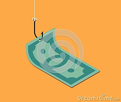 Banknote on fishing hook over yellow background. Scam and phishing concept. Isometry Vector Illustration
