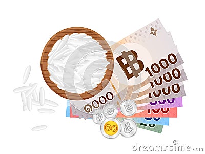 Banknote money thai baht and rice seed in circle wood plate, thai currency THB and jasmine rice seed, bank note money baht and Vector Illustration
