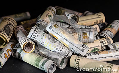 Banknotes of American dollar bills of various denominations as a symbol of wealth and stability Stock Photo