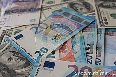 Banknotes background. Money of different counties background. Dollars, pounds and euro banknotes. Business and trading concept. Stock Photo
