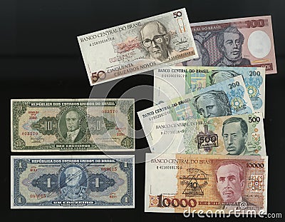 Banknotes of the Central Bank of Brazil samples withdrawn from circulation. Stock Photo