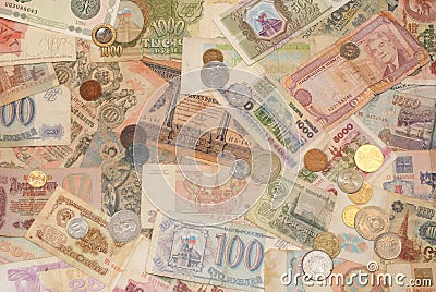 Banknotes and coins , both ancient and modern Stock Photo