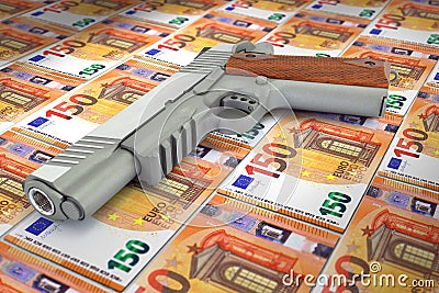 Banknotes 150 euros verso gun trafficking dirty money full frame concept Stock Photo