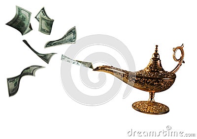 Banknotes exits from magic aladdin genie lamp Stock Photo