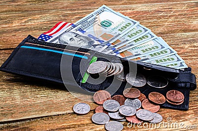 Banknotes hundred dollars in wallet, american flag and differen Stock Photo