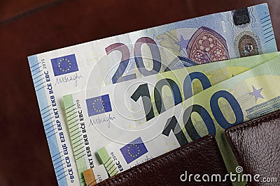 Banknotes stick out of the wallet, Euro currency Stock Photo