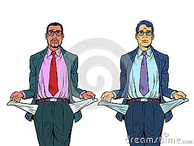 Bankrupt african and caucasian businessman. A man without money Vector Illustration