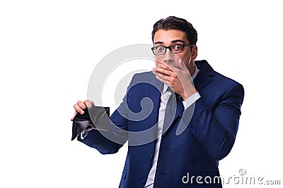 The bankrupt broke businessman with empty wallet on white background Stock Photo