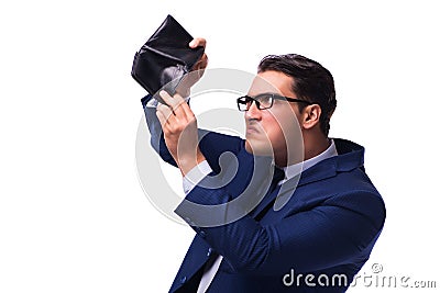 The bankrupt broke businessman with empty wallet on white background Stock Photo