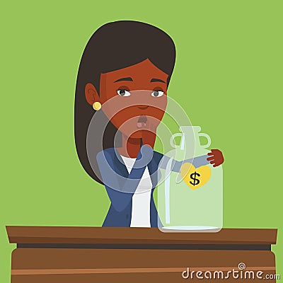 Bankrupt business woman looking at empty money box Vector Illustration