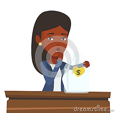 Bankrupt businesswoman looking at empty glass jar. Vector Illustration