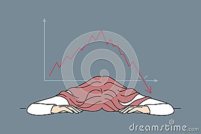 Bankrupt businesswoman put head on table near chart demonstrating crisis fall of stock market Vector Illustration