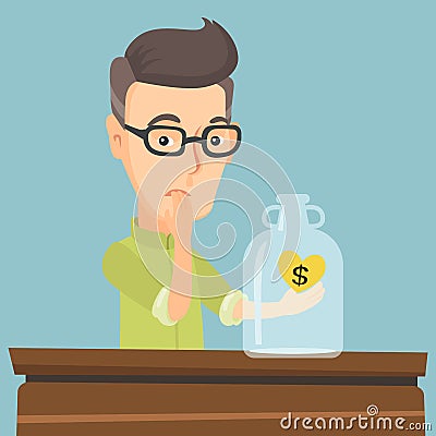 Bankrupt man looking at empty money box Vector Illustration