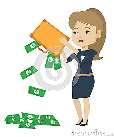 Bankrupt shaking out money from her briefcase. Vector Illustration