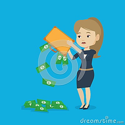 Bankrupt shaking out money from her briefcase. Vector Illustration