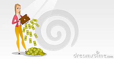 Bankrupt shaking out money from her briefcase. Vector Illustration