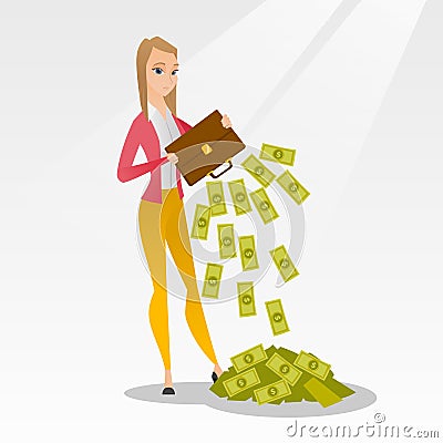 Bankrupt shaking out money from her briefcase. Vector Illustration