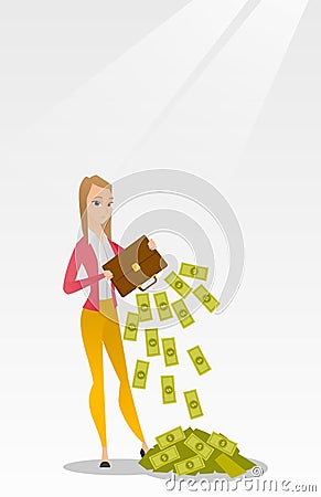 Bankrupt shaking out money from her briefcase. Vector Illustration