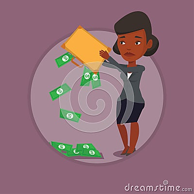 Bankrupt shaking out money from her briefcase. Vector Illustration