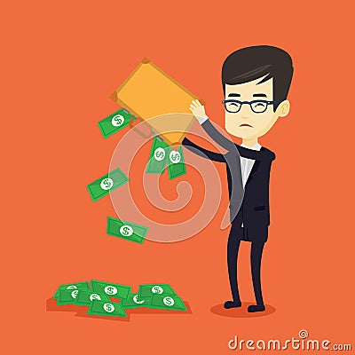 Bankrupt shaking out money from his briefcase. Vector Illustration