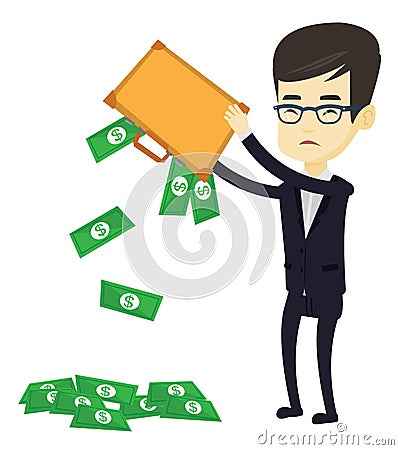 Bankrupt shaking out money from his briefcase. Vector Illustration