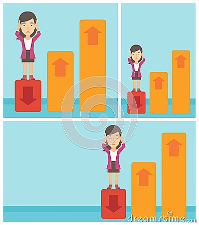 Bankrupt standing on chart going down. Vector Illustration