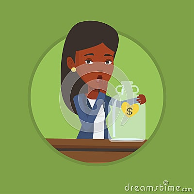 Bankrupt woman looking at empty money box Vector Illustration