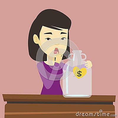 Bankrupt woman looking at empty money box Vector Illustration