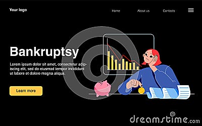 Bankruptcy banner with depressed woman loss money Vector Illustration